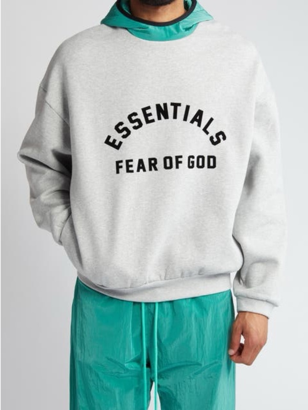 Fear of God essentials nylon fleece hoodie grey/mint leaf